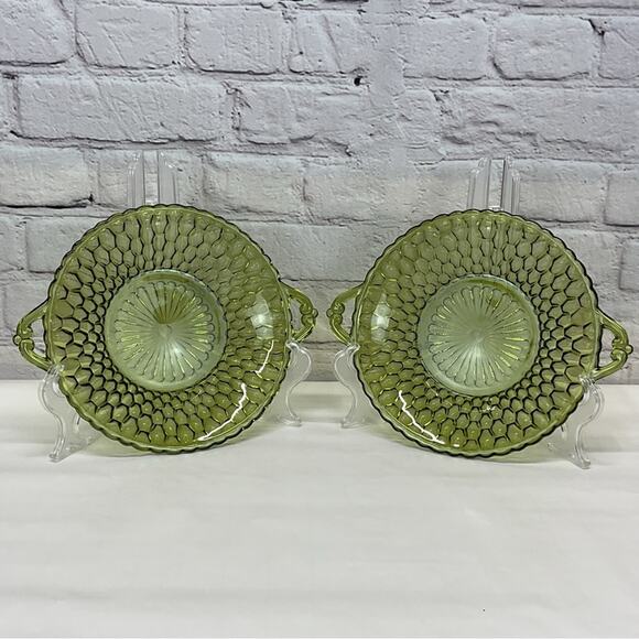 Vintage Indiana Glass Candy Dish Set of 2 Avocado Green Handles Round Honeycomb - Picture 2 of 5
